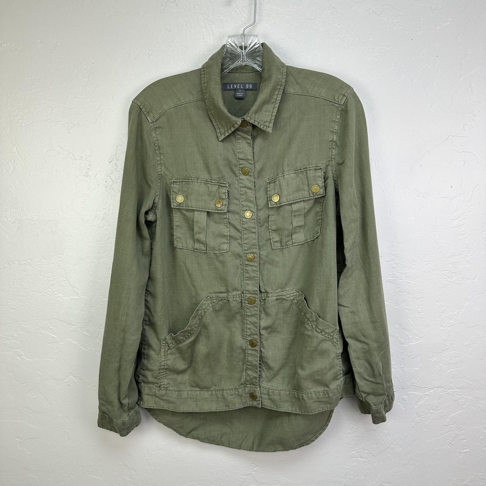Level 99 Jacket Womens Small Olive Green Linen Lyocell Utility‎ Shacket LT7771